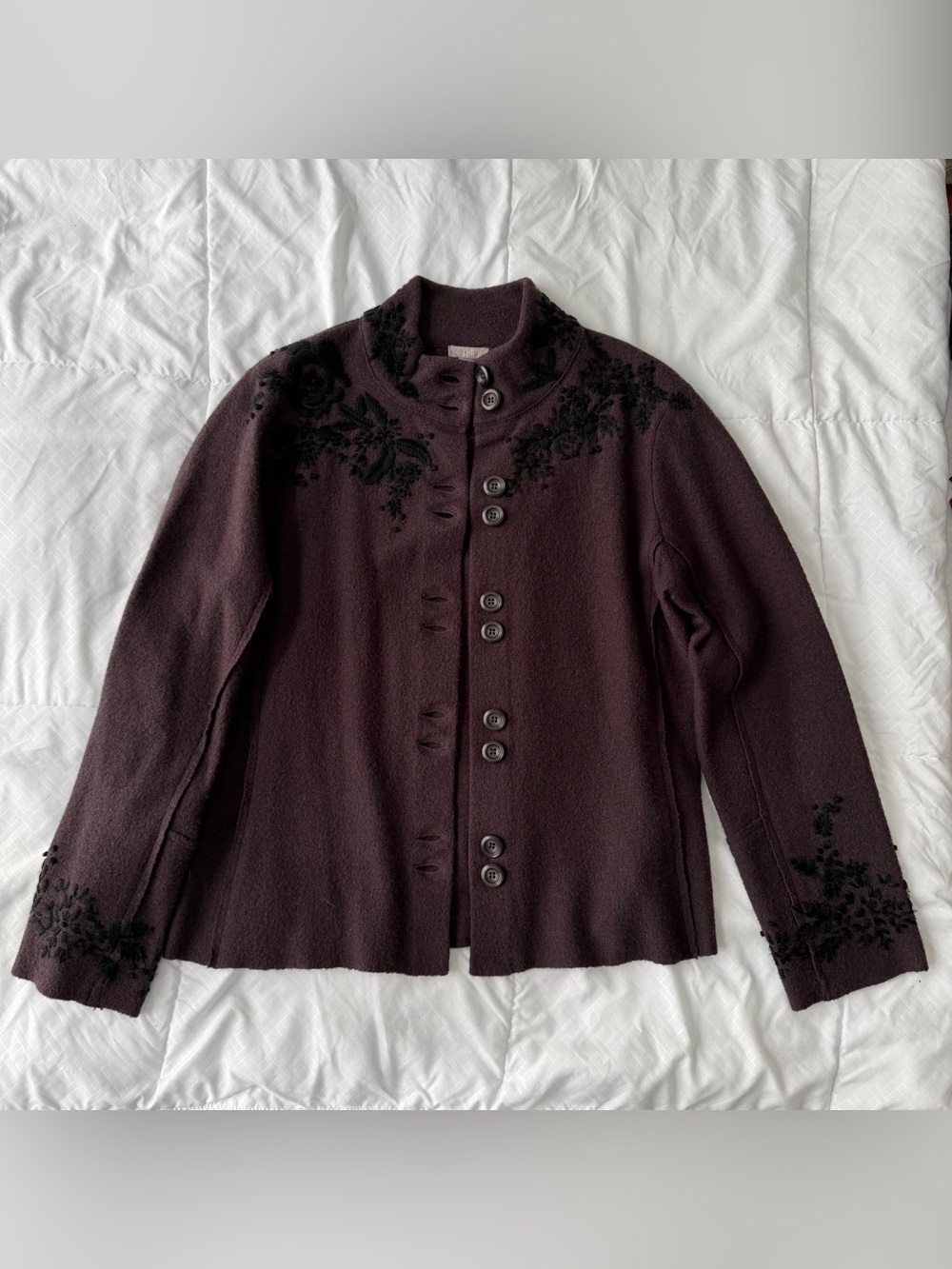 J. Jill Wool Cardigan Sweater Petite S Brown Black Embroidered Academia Lagen